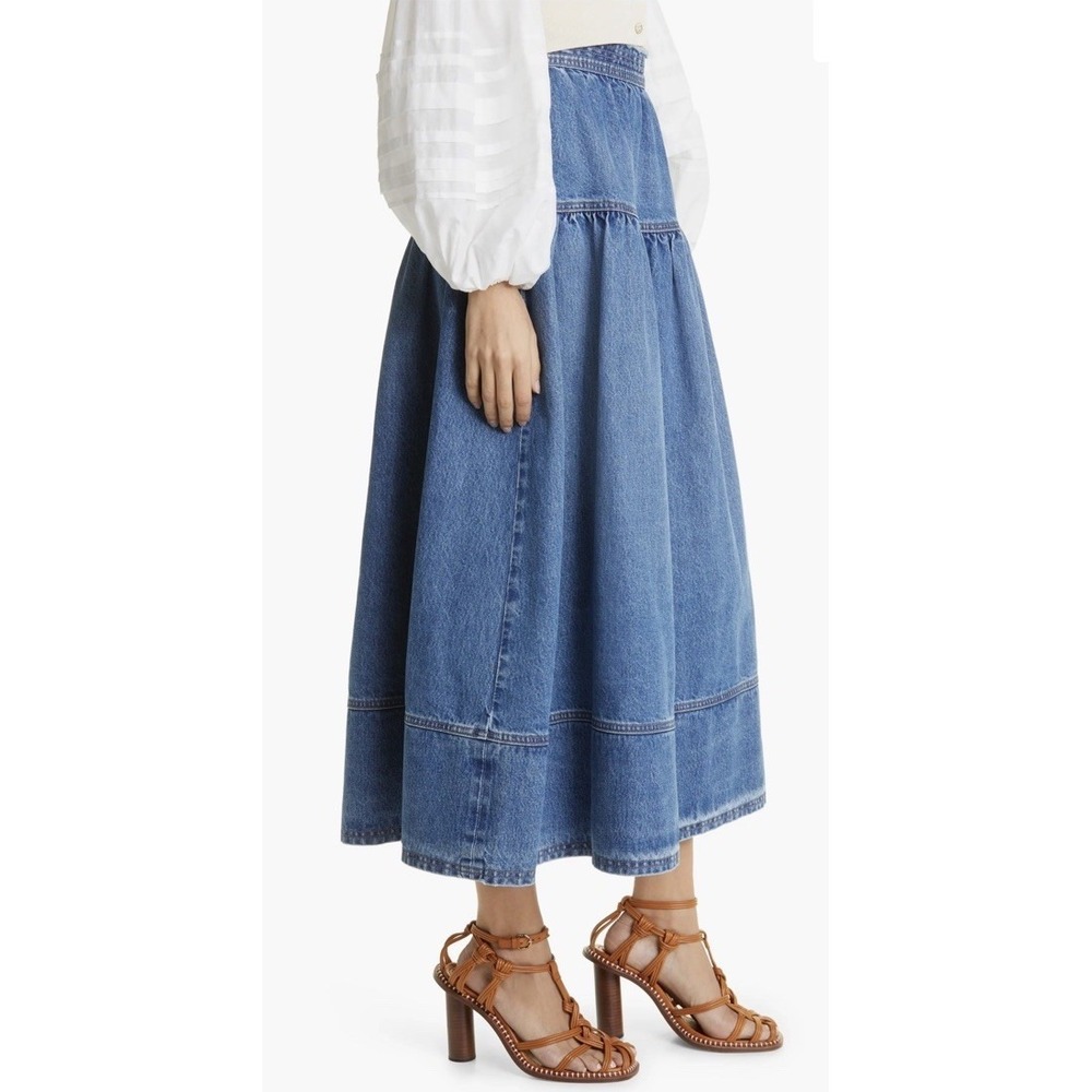 Ulla Johnson Astrid Denim Midi Skirt NWOT Retail $530 Frayed Waist Indigo Boho 4 - Picture 4 of 13